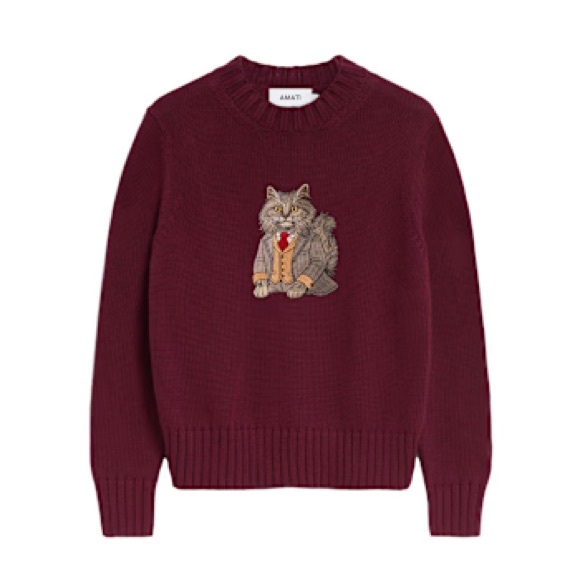 Amati Sweaters - Amati Longhair Cat Embroidered Cotton Knit Sweater - Burgundy Sz L‎